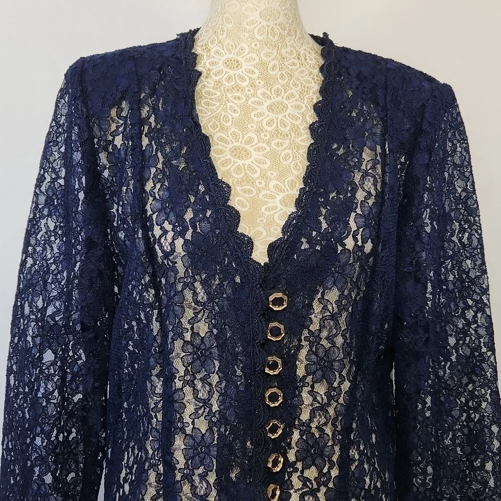 Beautiful U Women L Navy Blue Crochet Lace Scalloped Hem Button Front Cardigan